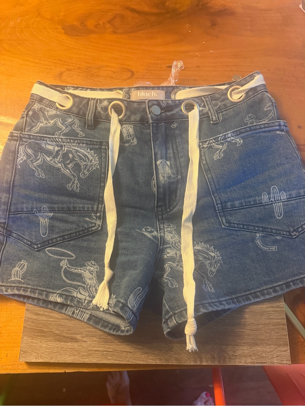 blueb. Western motif Blue Women’s Denim Shorts with Drawstring